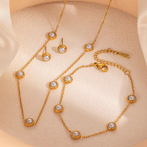 Elegante Juego de Joyería para Mujer de Acero Inoxidable con Turquesa Redonda, Perlas Blancas de Imitación, Collar, Pulsera y Aretes - Product Image 2