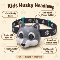Lampe frontale Husky pour enfants, charge rapide USB-C, 4 modes, commande à une touche, lampe frontale LED pour le camping, la randonnée, la lecture, l'utilisation en extérieur