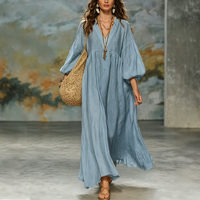 Robe longue de vacances Lazy Trend Siemia pour femme en coton et lin, col en V profond, manches à volants, coupe ample et ourlet large