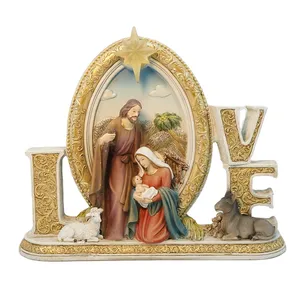 أعلى غريس الراتنج 7.5 بوصة الحب شكل تمثال التماثيل الدينية المسيحية مع مصباح ليد العائلة المقدسة مع ستار