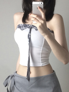 Little Hot sale Hottie Sexy Plaid Tie Patchwork tops Summer Short Y2K ropa básica tops mujeres para vacaciones - Product Image 4