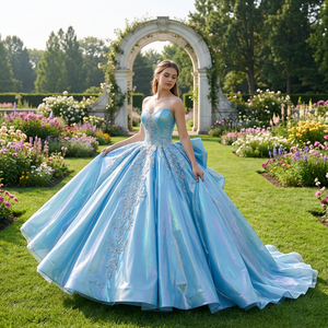 ชุดเดรสสีฟ้าสำหรับงาน Quinceanera ฉลองอายุ 15 ปี ประดับดอกไม้หลากสีสัน แต่งเลื่อมสีน้ำเงิน ประดับลูกปัด ผ้าลูกไม้ ชุดราตรีสำหรับงานปาร์ตี้ Dy1371 - Product Image 1