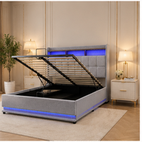 Lit moderne avec cadre hydraulique LED et tête de lit avec étagère, lit rembourré en lin gris avec éclairage RGB et rangement, taille King/Queen