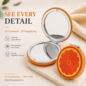 Handmade Fruit Embroidered Fabric <b>Compact</b> <b>Mirror</b> Round Silver Metal Frame Dual Sided HD Glass Pocket Makeup <b>Mirror</b> Bulk - Product Image 3