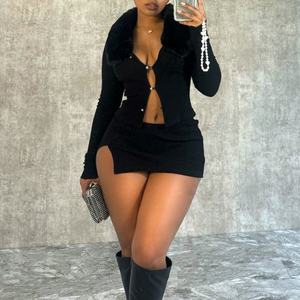 ชุดเสื้อผ้าผู้หญิงลำลองแบบสองชิ้น ชุดเซ็ตฤดูใบไม้ร่วงฤดูหนาว เสื้อคอปกผ้าขนสัตว์แขนยาว เสื้อท่อนบนแบบโปร่ง กระโปรงสั้นผ่าข้างทรงหลวม - Product Image 3