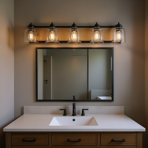 Modern Industrial 40" Farmhouse Vanity <b>Light</b> 5-<b>Light</b> Black Iron Clear Seeded Glass Bathroom Wall Sconce - Product Image 2