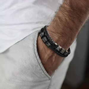 Leather Bracelet <b>Black</b> Braided 7.5 8.5 9 Inches Unisex Jewelry Fashion <b>String</b> Bracelets - Product Image 3