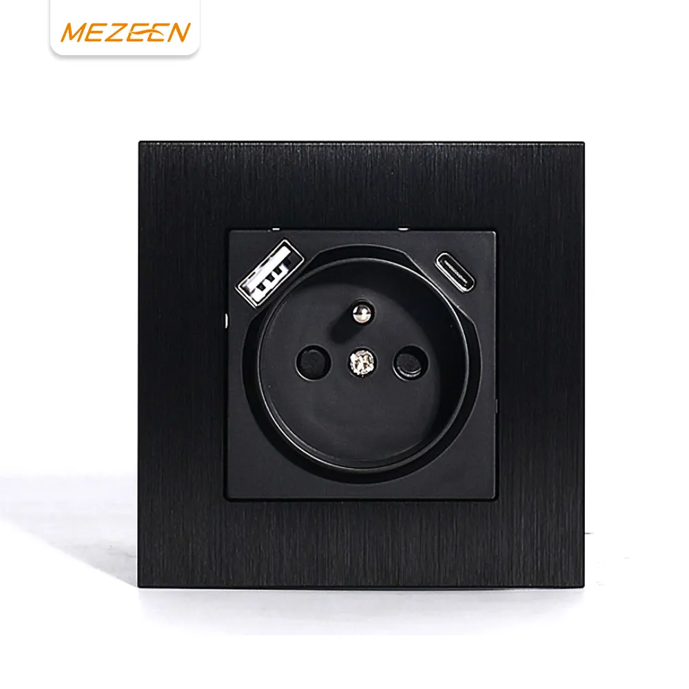 Miễn Phí Mẫu Chải Nhôm Bảng Điều Chỉnh Euro Tiêu Chuẩn Ac220V-250V 16A Pháp Ổ Cắm Với Loại A Loại C DC 5V 2.1A Cổng USB