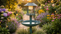 Bain d'oiseaux en résine sur piédestal avec lumière solaire de jardin, design antique, résistant à la rouille, bassin festonné en forme de feuille de lys, base remplissable robuste