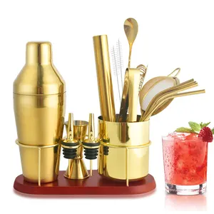 Criação 2023 Novo Design Fabricante Bartender Kit Aço Inoxidável Ouro Cocktail Shaker Set com Suporte