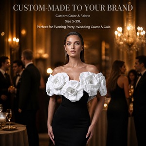 Abito da Sera Nero Personalizzato Senza Spalline per Donne, Corpetto in Tessuto Bianco con Fiori e Cristalli, Elegante e Formale, Vendita all'Ingrosso - Product Image 3
