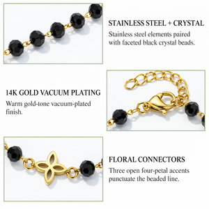 Collier floral en cristal noir, acier inoxydable, plaqué or 14 carats, chaîne à perles, 41+5 cm, 6,8 g - Product Image 2