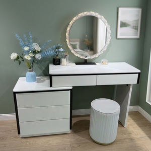 Modern White <b>Makeup</b> Vanity Table with Lighted <b>Mirror</b> and Storage Drawers for Bedroom Furniture - Product Image 4