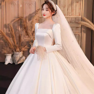 Elegant Heavy Satin Wedding Dress Square Collar Long Sleeve Ball Gown Natural Waistline For Brides - Product Image 2