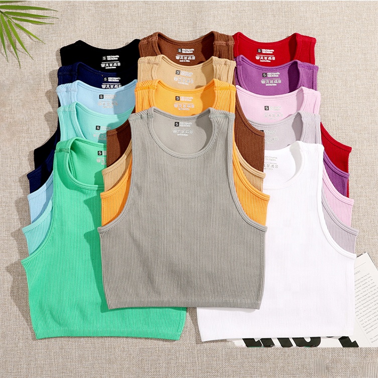 Оптовая продажа, укороченная Женская Однотонная футболка, бесшовная уличная одежда, эластичная трикотажная футболка в рубчик, повседневная женская майка без рукавов