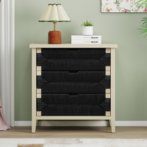 Luxury Solid Wood 3-Drawer Buffet <b>Sideboard</b> Adjustable Shelves Hand-Woven Rope Drawers <b>Storage</b> Cabinet for Living Room Kitchen - Product Image 1
