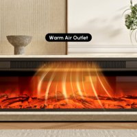 Soporte de TV con Chimenea Moderna de Lujo AJUNION, Soporte de TV Independiente de Madera de Ingeniería con Chimenea Eléctrica de 6 Colores de Llama y 2 Cajones