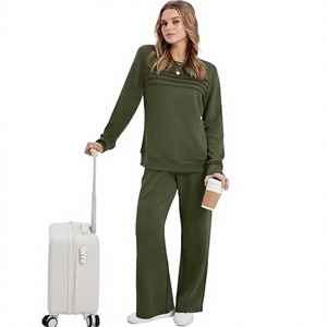 Conjunto de Salón de Dos Piezas para Mujer de Punto Acanalado de Spandex/Algodón: Top de Manga Larga con Cuello Redondo y Pantalones de Pierna Ancha, Color Sólido, Ligero - Product Image 6