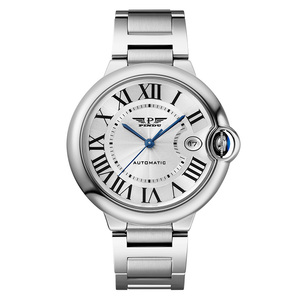 Reloj mecánico automático PINDU, esfera plateada de acero inoxidable, números romanos, manecillas azules, fecha - Product Image 6