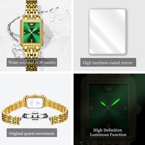 Women's <b>Gold</b> <b>Rectangle</b> <b>Watch</b> Green Dial Rhinestone Bezel Analog Quartz Date Deployment Clasp 30mm 9995 - Product Image 5