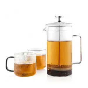 Emode Fluted French Press Coffee and Tea Maker Set Borosilicate Glass Coffee Press Cold Brew Portable French Tea Press