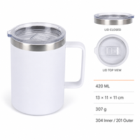 Gobelet isotherme double paroi en acier inoxydable de 14 oz avec poignée en D, couvercle transparent, sans BPA, étanche, qualité alimentaire, pour le café du matin à la maison