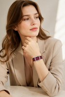 Montre carrée pour femme à quartz, boîtier en acier inoxydable, cadran rouge, bracelet en cuir, étanche 5 ATM, verre minéral 28 mm 20 mm