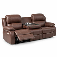 Canapé inclinable moderne en cuir marron 3 places avec structure en bois, inclinaison électrique, massage, table rabattable, télécommande