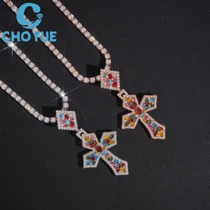 Iced Out Colorful Moissanite Cross <b>Pendant</b> <b>Solid</b> 925 Silver Rose <b>Gold</b> Plated Hip Hop Jewelry Unisex Everyday Wear - Product Image 4