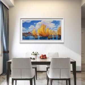 Tableau d'artiste signé Zhang Jishi - Œuvre originale Le navire au trésor de Zheng He - Impression sur toile de qualité muséale - Nature morte encadrée blanche - Décoration murale Art Déco - Product Image 2