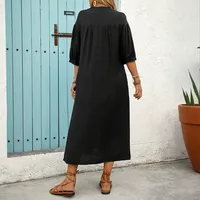 Robe midi vintage décontractée en viscose brodée unie pour femme, coupe ample, manches courtes, col rond, mode estivale