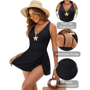 Traje de baño de una pieza para mujer con falda, cuello en V profundo, control de abdomen y diseño de estrella de mar metálica retorcida - Product Image 4