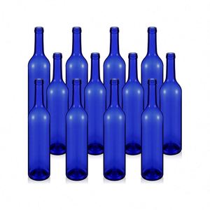 Botella de Vidrio Sostenible de 750 ml para Vino con Serigrafía, Fondo Plano, Acabado de Corcho, Caja de 12 Unidades, Azul Cobalto para Tequila - Product Image 1