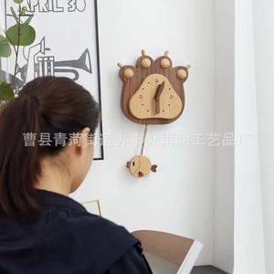 Fish And Bear's Paw Cartoon Wall <b>Clock</b> Solid Wood Irregular Shape <b>Battery</b> Powered Living Room Decor - Product Image 4