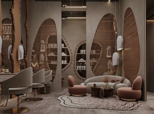 Beauty Salon Interior Design Service Custom Wooden Lattice Screen and Skincare Display Shelving Shopfitting - Product Image 4
