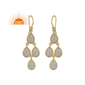 Pear Shape White Chalcedony Earrings Yellow Gold Plated Silver Bezel Set Chandelier Earrings Wholesale Jewelry - Product Image 1