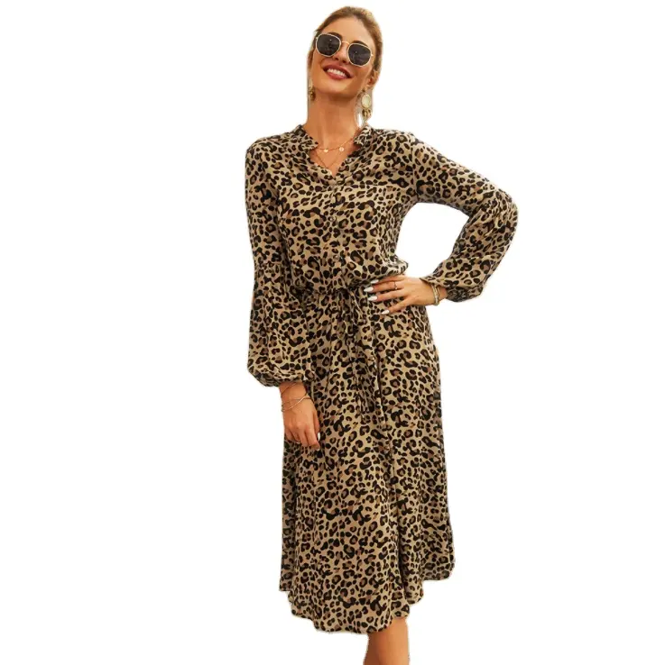 2021 autunno nuovo stile donne stampa leopardo vestito moda Casual manica lunga abito Midi
