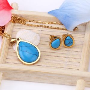 ชุดเครื่องประดับดูไบ ทองคำแท้ 18k ดีไซน์หรูหรา รูปทรงหยดน้ำ ประดับด้วยหินบลูไพน์ สแตนเลสสตีล ชุดเครื่องประดับสำหรับสุภาพสตรี - Product Image 1