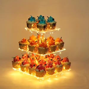 Grosir Pabrik Rak Kue Akrilik Persegi 3 Tingkat dengan Lampu LED untuk Pameran Kue, Pernikahan, Ulang Tahun, Hari Valentine, Wisuda - Product Image 1