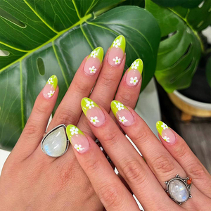 <span class=keywords><strong>Faux</strong></span> ongles longs en amande à presser, vert néon avec motif marguerite blanche, finition brillante nude pour femmes - Product Image 1