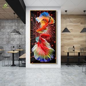 Peinture sur toile HD de luxe imprimée pour la décoration intérieure, style Art Déco, art mural en porcelaine cristalline Koi avec éclairage LED, représentant un animal - Product Image 2