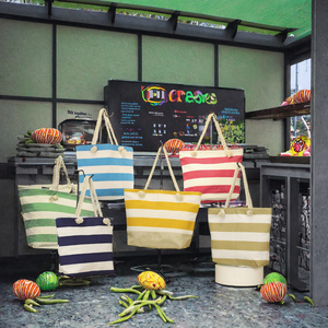 Canvas Beach <b>Tote</b> <b>Bag</b> Striped Rope Handle <b>Zipper</b> Shoulder Handbag Reusable Shopping <b>Bag</b> for Daily Travel - Product Image 2
