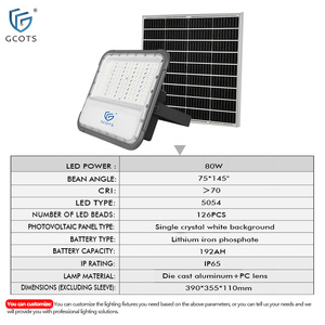 ไฟสปอร์ตไลท์ LED พลังงานแสงอาทิตย์ GCOTS 80W IP65 ตัวเรือนอลูมิเนียม ขนาด 70x150 มม. มุมลำแสง 6000K แสงเดย์ไลท์ พร้อมรีโมทคอนโทรล กันน้ำ สำหรับสวนและพื้นที่กลางแจ้ง - Product Image 2