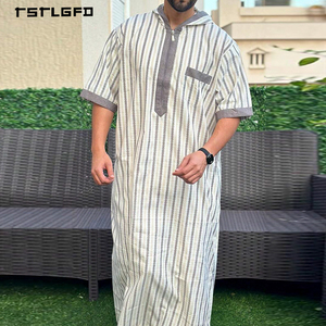 <b>Men</b> Grey Stripe Woven Cotton Hooded <b>Thobe</b> Half Zip Contrast Panel Short Sleeve Full-Length Casual Modest Summer Robe - Product Image 2