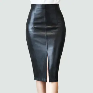 Jupe midi fendue en pu pour femme, vêtement de bureau, grande taille, une étape, S-5XL