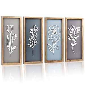 Lot de 4 tableaux muraux floraux 3D en bois encadrés, art botanique, peintures de paysages vintage pour la maison et la cuisine, faites à la main, durables - Product Image 2