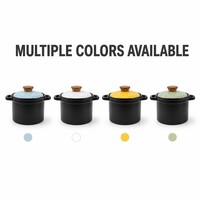 Casserole en céramique noire mate avec couvercle, bouton en bois émaillé bleu clair, poignées en boucle, pot en grès, compatible four