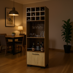 Mueble Bar con Capacidad para 12 Botellas, 2 Estantes y 1 Cajón, Madera Maciza de Caoba, Moderno, Independiente, Mueble de Almacenamiento - Product Image 2