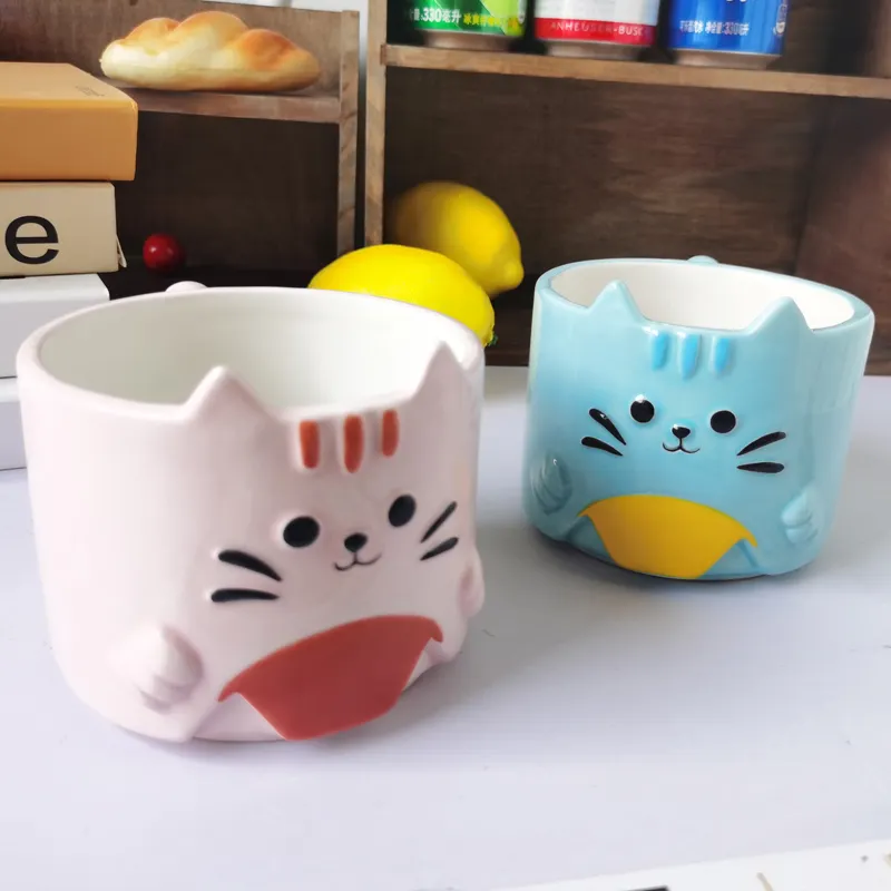 Grosir kustom bentuk hewan 3D Stackable kucing cangkir lucu lukisan tangan keramik cangkir kopi dengan merah muda yang indah Kitty Mug kartun