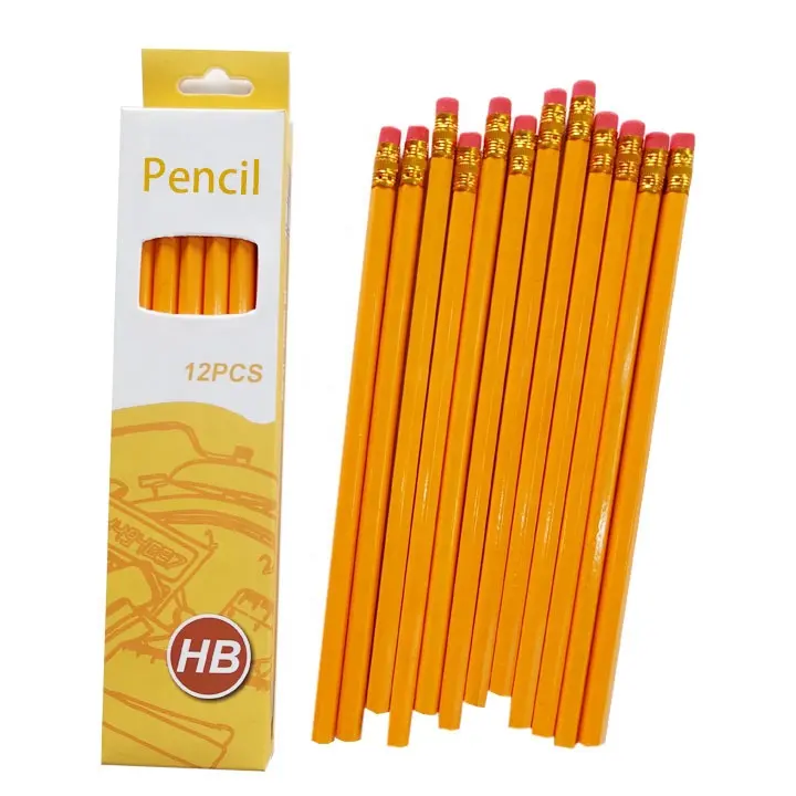 ดินสอสีเหลือง 12 ชิ้นดินสอ HB แบบไม่มีเหลาดินสอไม้พร้อมยางลบ